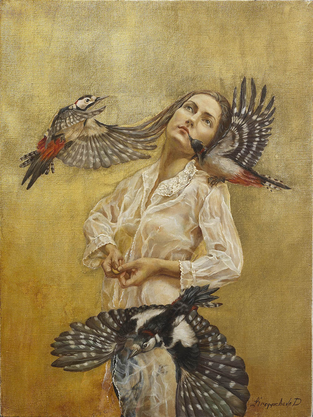 INDIFFERENCE, 40×30 cm, oil,canvas,gold leaf, 2016